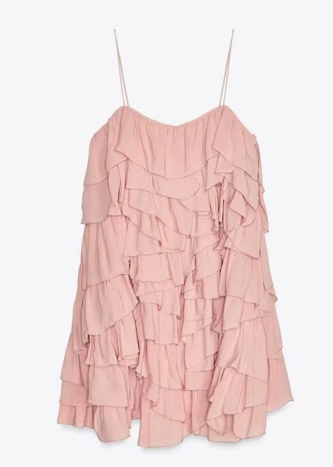 Cotton Pink Backless Elegant Spaghetti Layered Strap Dress