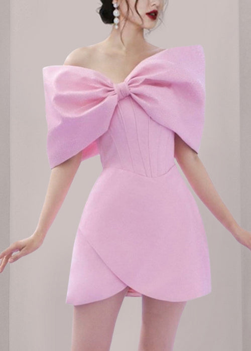 Elegant Pink Bow Solid Cotton Mid Dress Summer EE1063