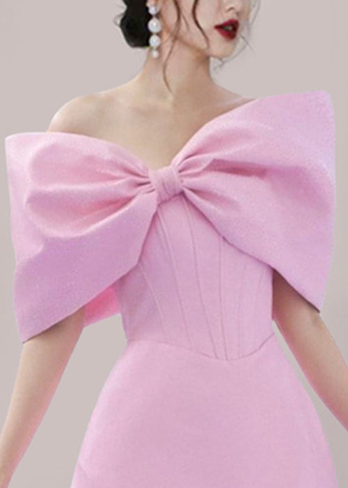 Elegant Pink Bow Solid Cotton Mid Dress Summer EE1063