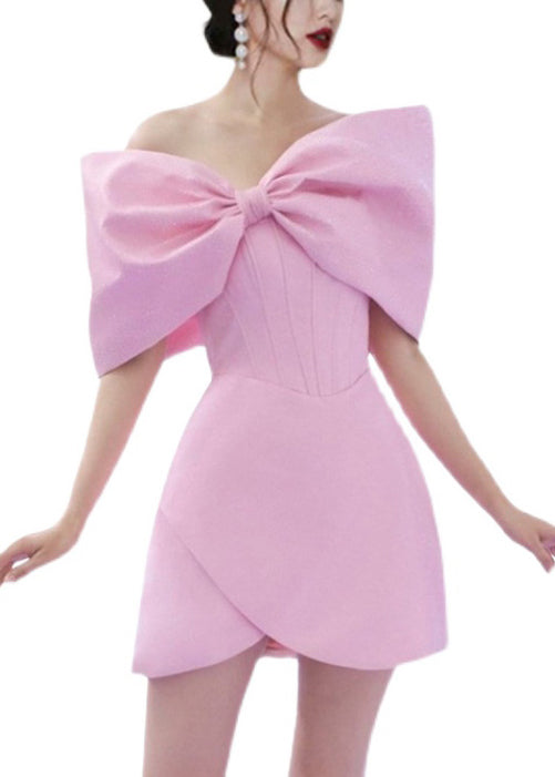 Elegant Pink Bow Solid Cotton Mid Dress Summer EE1063