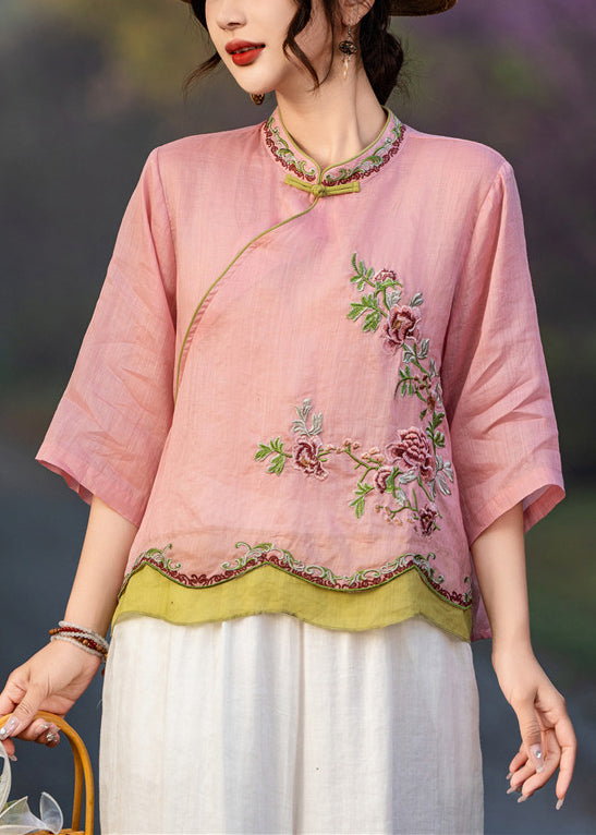 Bracelet Elegant Pink Button Embroidered Shirt Sleeve Linen