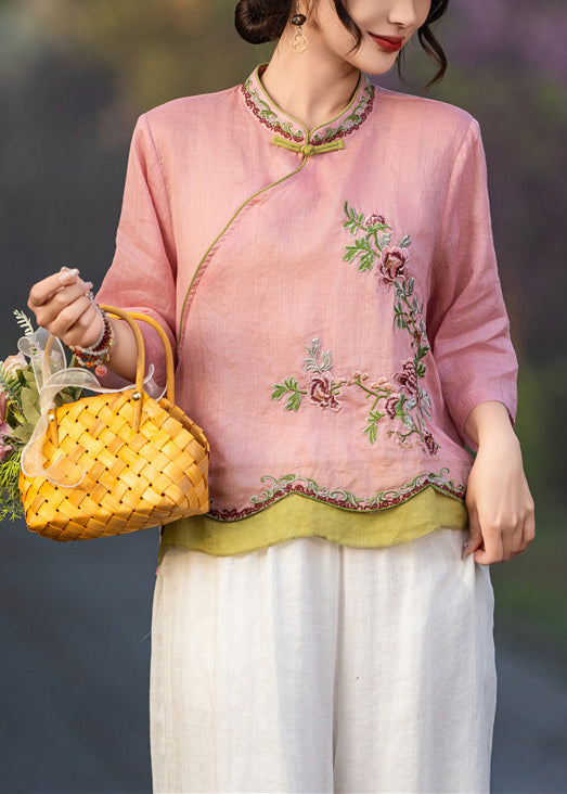 Bracelet Elegant Pink Button Embroidered Shirt Sleeve Linen