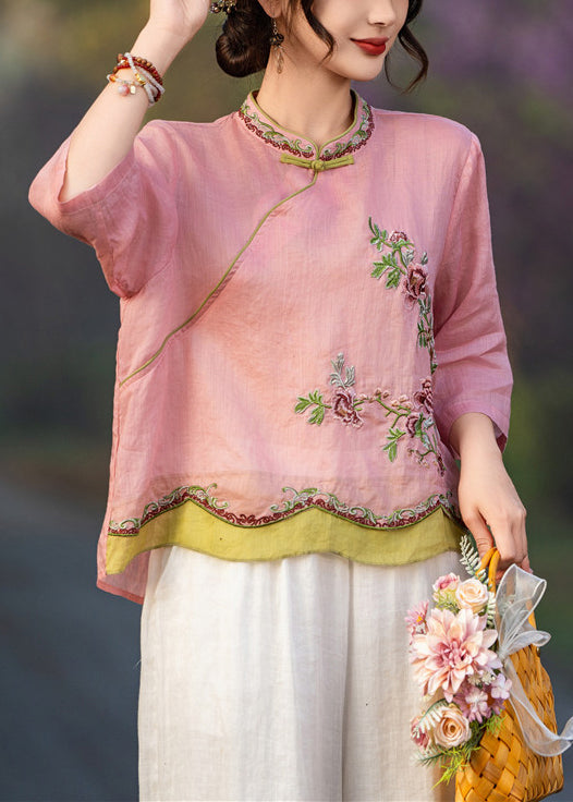 Bracelet Elegant Pink Button Embroidered Shirt Sleeve Linen