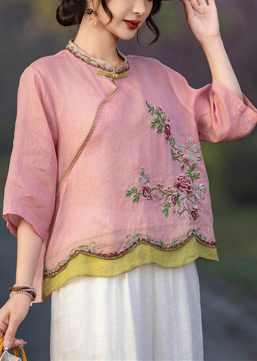 Bracelet Elegant Pink Button Embroidered Shirt Sleeve Linen
