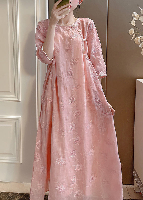 Set Half Pink Embroidered Button Two-Piece Linen Sleeve Elegant
