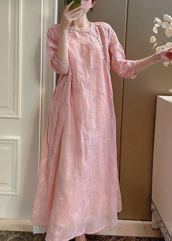 Set Half Pink Embroidered Button Two-Piece Linen Sleeve Elegant