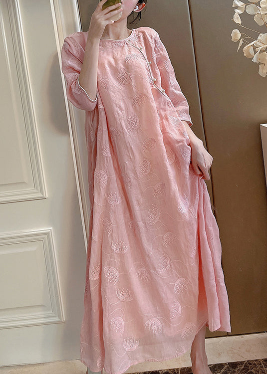 Set Half Pink Embroidered Button Two-Piece Linen Sleeve Elegant