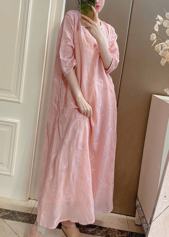Set Half Pink Embroidered Button Two-Piece Linen Sleeve Elegant