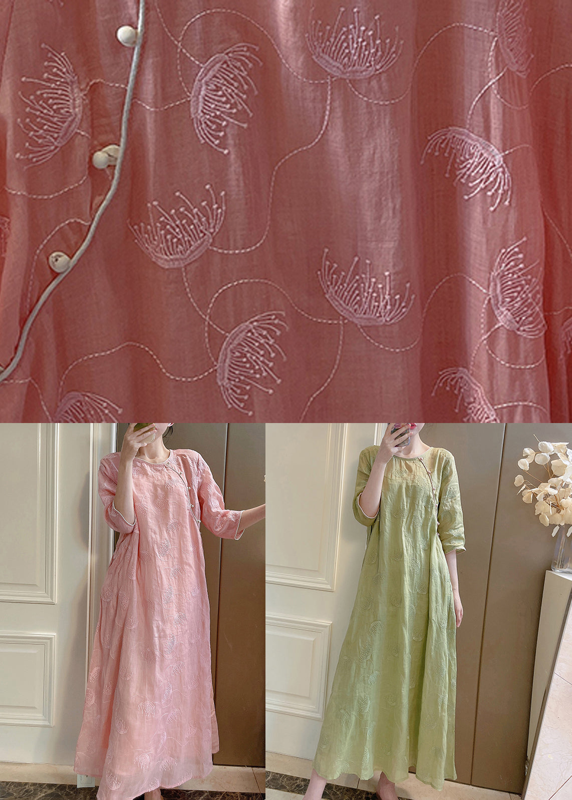 Set Half Pink Embroidered Button Two-Piece Linen Sleeve Elegant