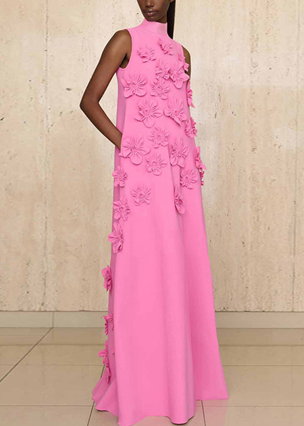 Lace Pink Cotton Up Long Dress Floral Sleeveless Pockets Elegant