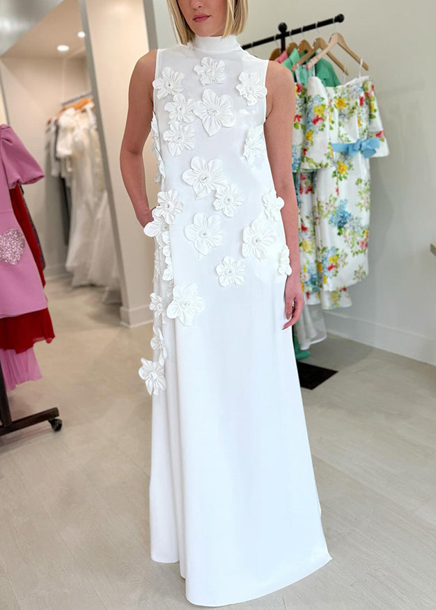 Lace Pink Cotton Up Long Dress Floral Sleeveless Pockets Elegant