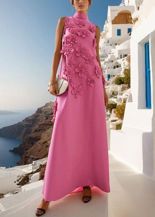 Lace Pink Cotton Up Long Dress Floral Sleeveless Pockets Elegant