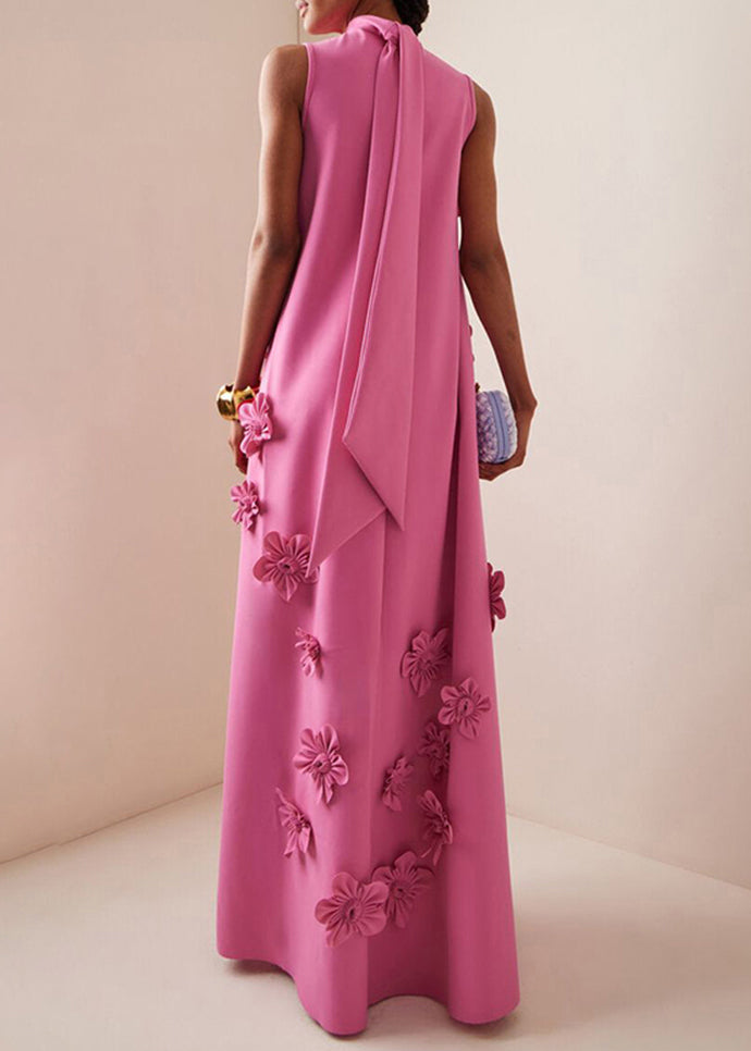 Lace Pink Cotton Up Long Dress Floral Sleeveless Pockets Elegant