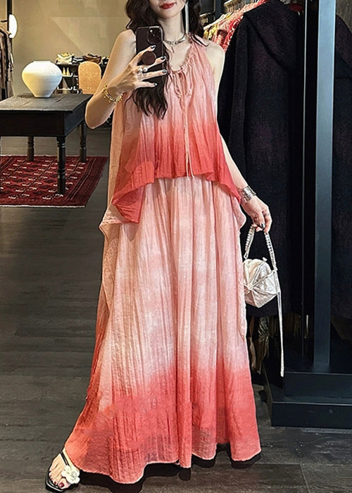 Long Pink Silk Elegant Ruffled Linen Color Gradient Dress