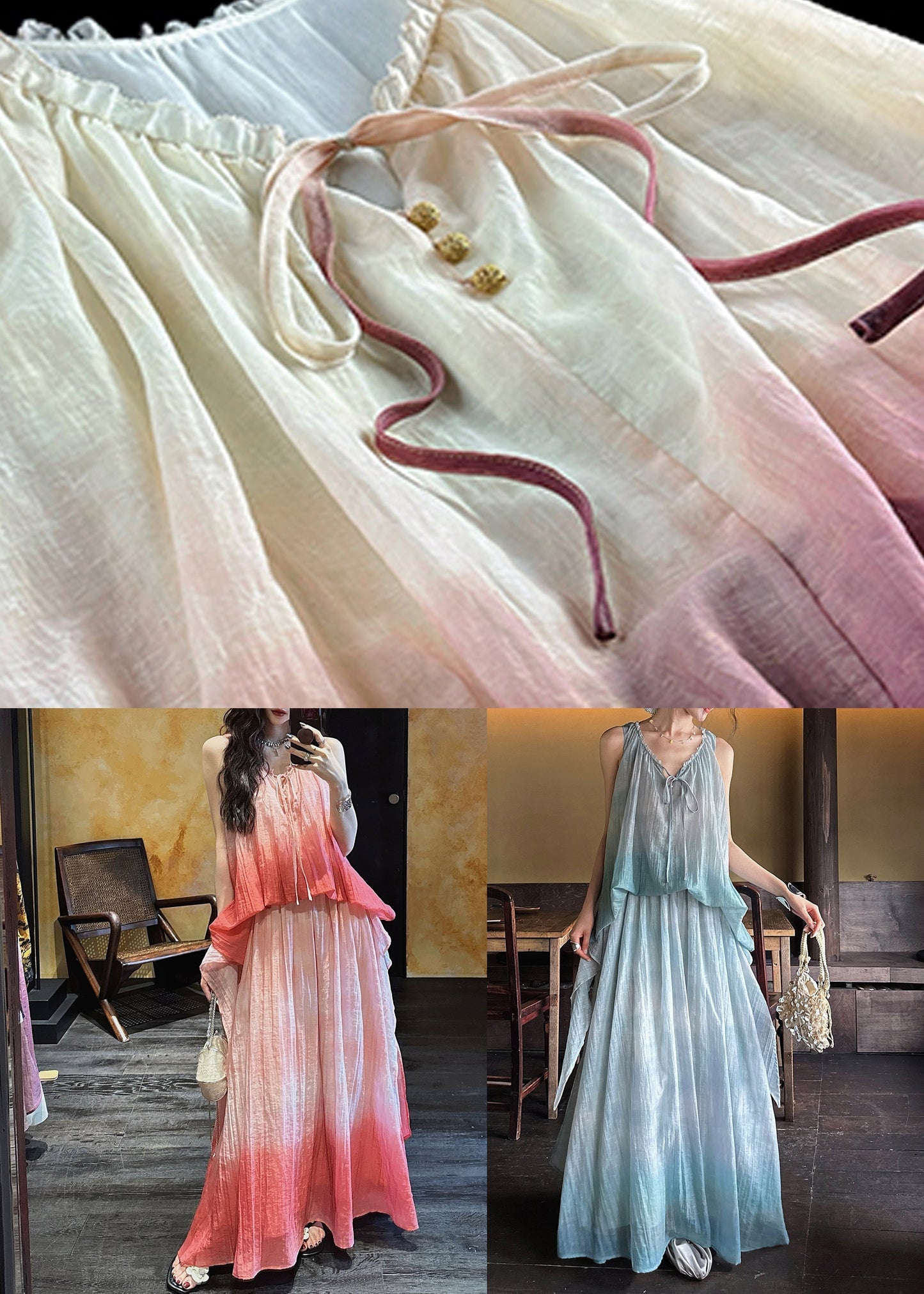 Long Pink Silk Elegant Ruffled Linen Color Gradient Dress
