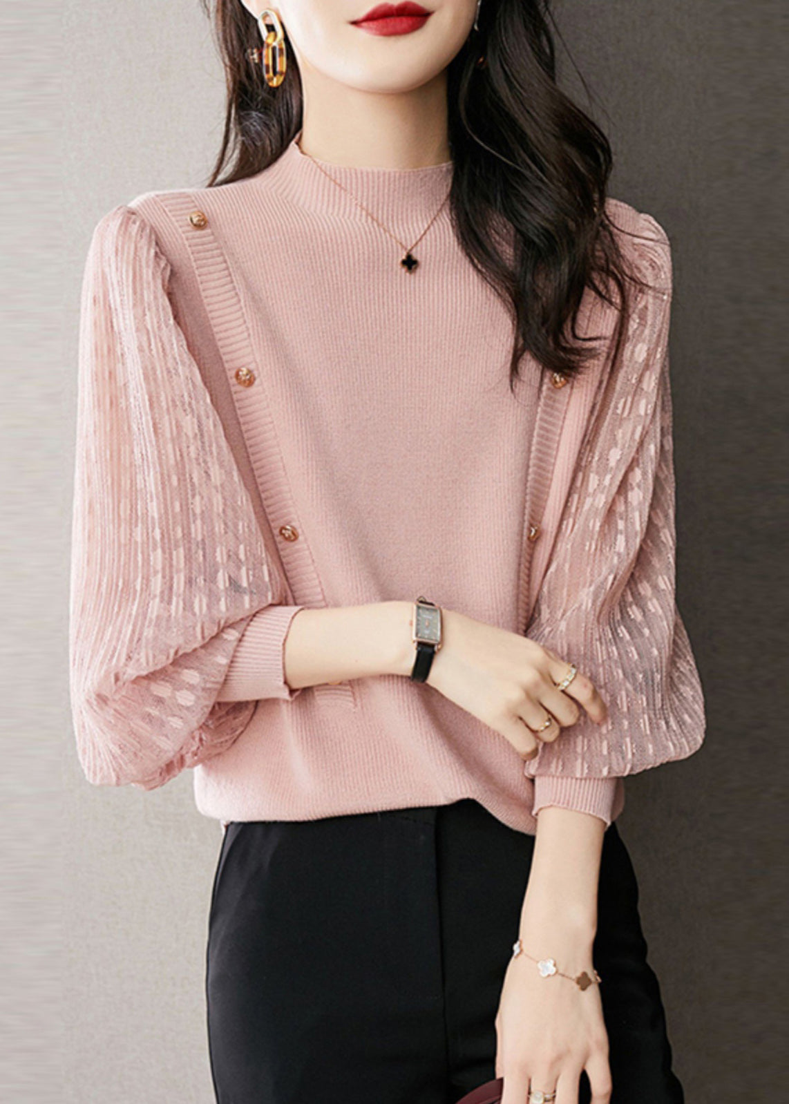 Elegant Pink Half High Neck Patchwork Knit Pullover Spring TH037