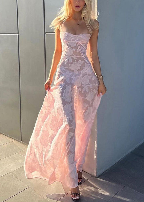 Spaghetti Up Strap Lace Pink Elegant Sleeveless Dress