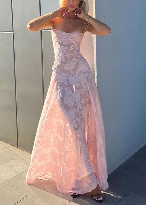 Spaghetti Up Strap Lace Pink Elegant Sleeveless Dress