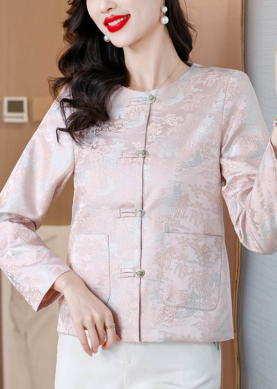 Elegant Pink O Neck Button Pockets Silk Coat Fall QO010