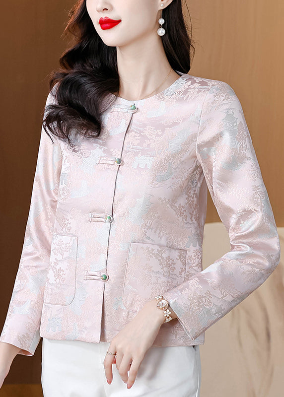 Elegant Pink O Neck Button Pockets Silk Coat Fall QO010