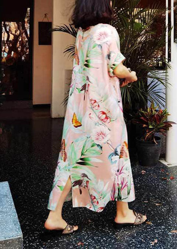 Elegant Pink O Neck Print Silk Long Dresses Summer AP002