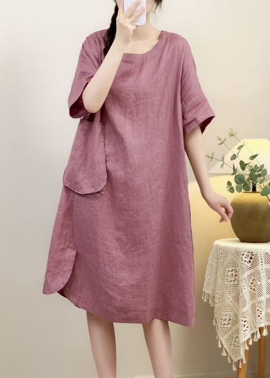 Pockets Elegant Linen Open Dress Pink Side Sleeve Half