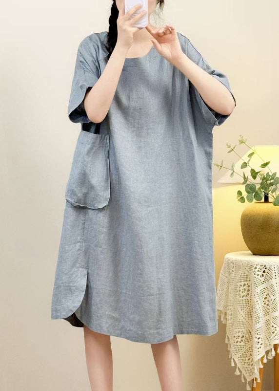 Pockets Elegant Linen Open Dress Pink Side Sleeve Half