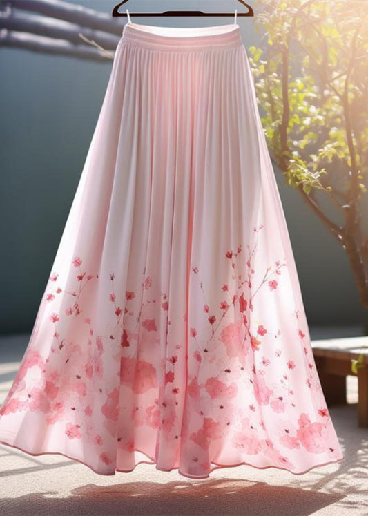 Skirt Elastic Waist Elegant Chiffon Print Pink Summer