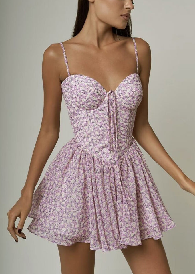 Elegant Print Dress Strap Spaghetti Pink Sleeveles Up Lace Cotton