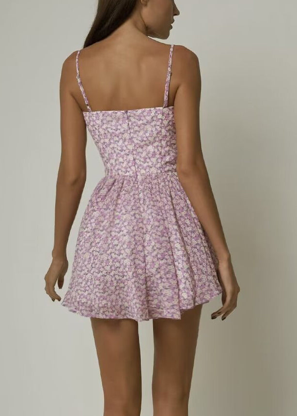 Elegant Print Dress Strap Spaghetti Pink Sleeveles Up Lace Cotton