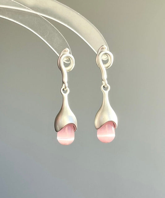 Eye Tassel Stone Drop Cat Earrings Pink Sterling Silver Elegant