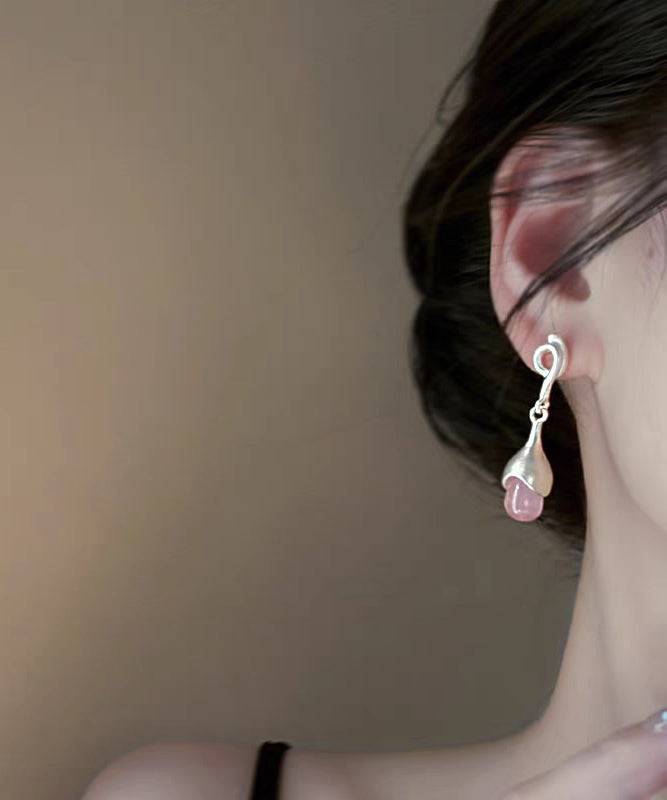 Eye Tassel Stone Drop Cat Earrings Pink Sterling Silver Elegant