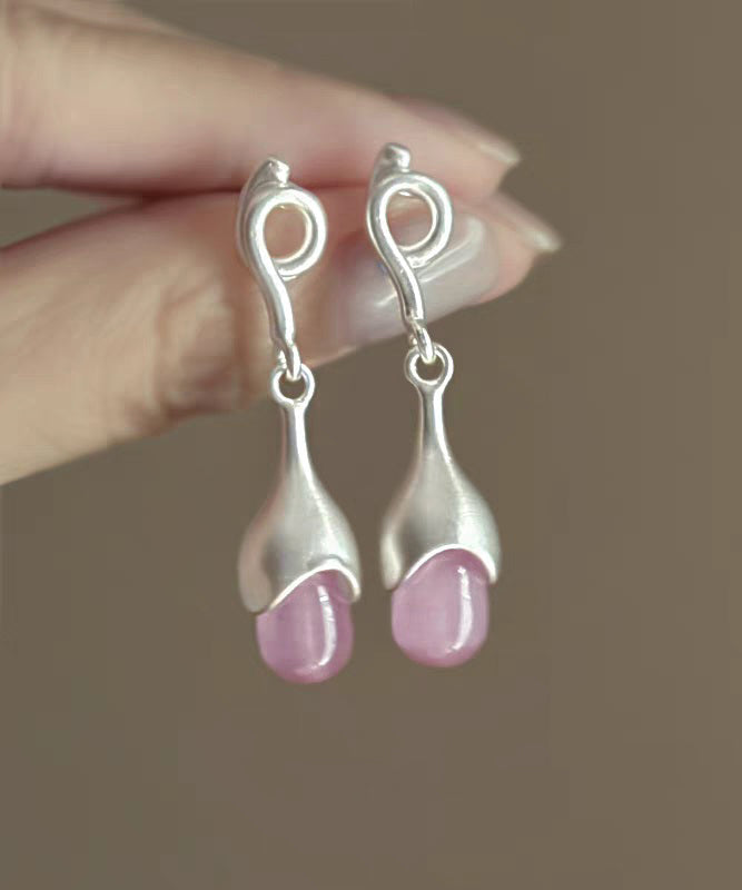 Eye Tassel Stone Drop Cat Earrings Pink Sterling Silver Elegant