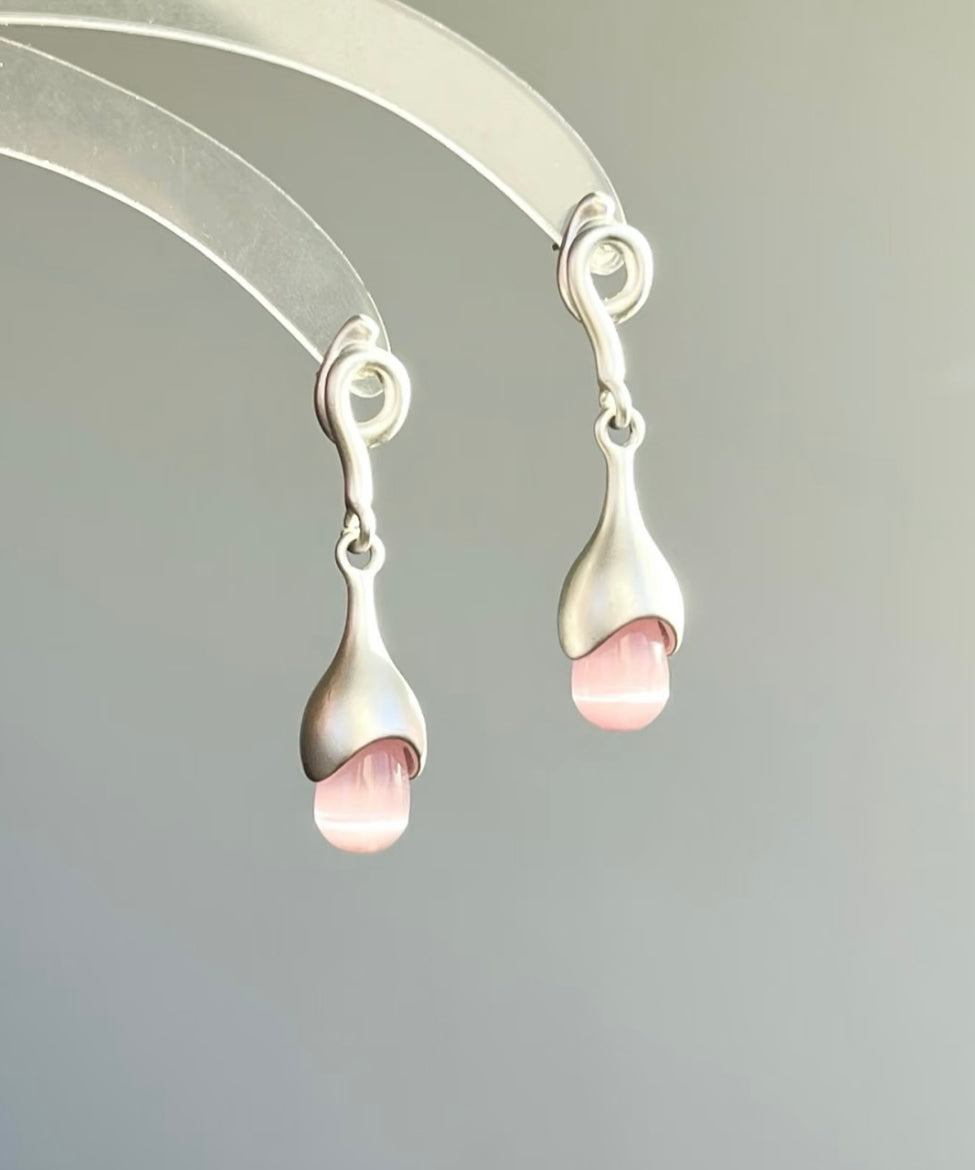 Eye Tassel Stone Drop Cat Earrings Pink Sterling Silver Elegant