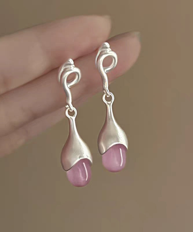 Eye Tassel Stone Drop Cat Earrings Pink Sterling Silver Elegant