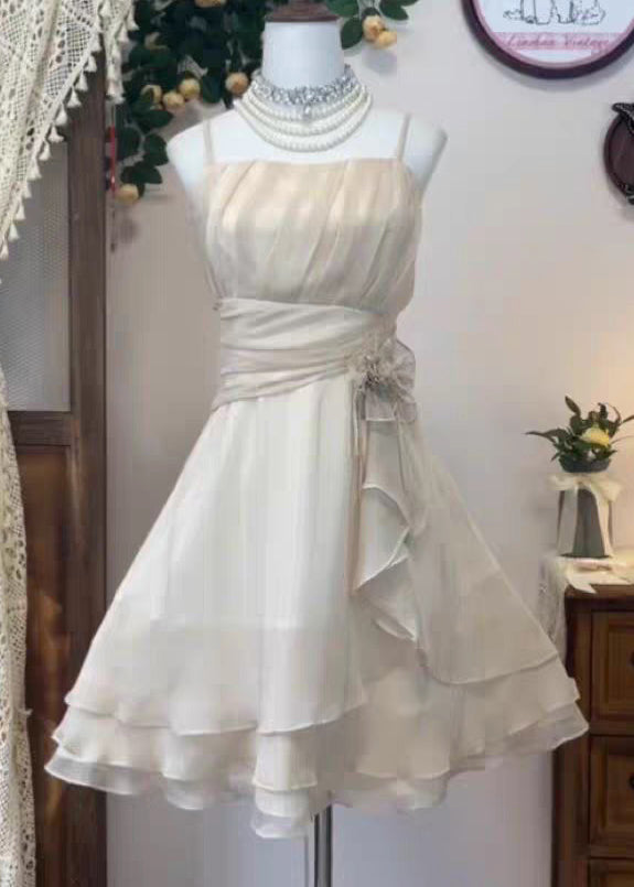 Silk Dress Waist Strap Wrinkled Spaghetti High Elegant Pink