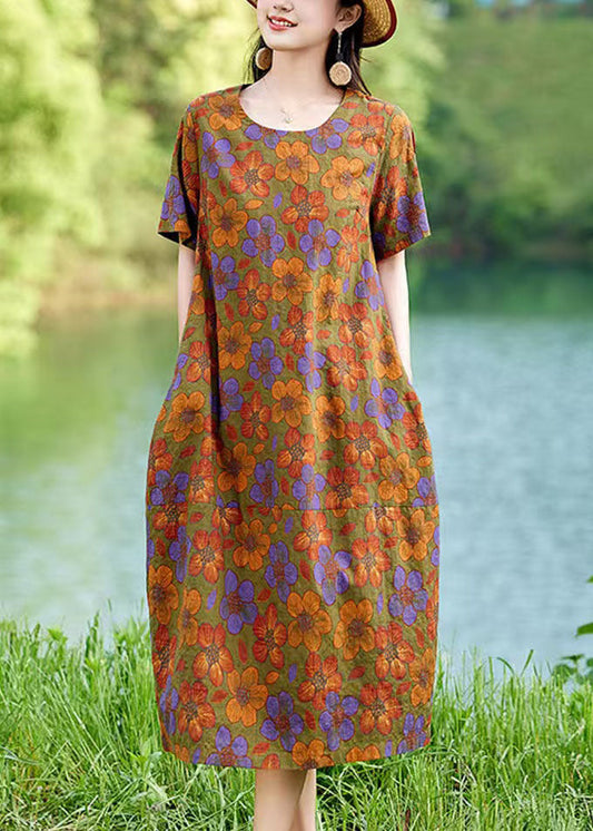 Mid Polychrome Elegant Linen Oversized Summer Dress Floral