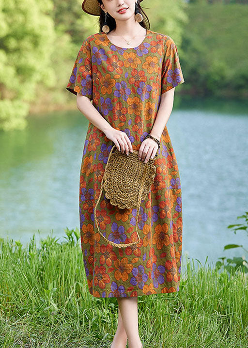 Polychrome Summer Mid Floral Elegant Linen Oversized Dress