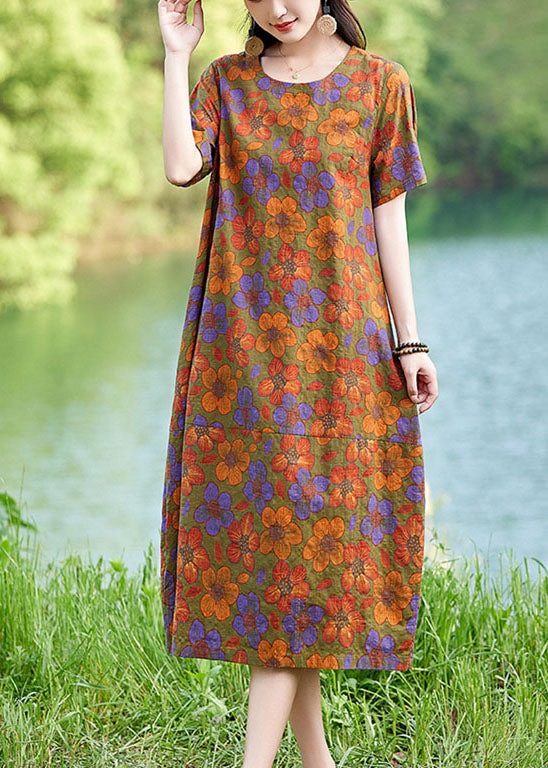 Mid Polychrome Elegant Linen Oversized Summer Dress Floral