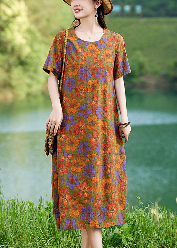 Mid Polychrome Elegant Linen Oversized Summer Dress Floral