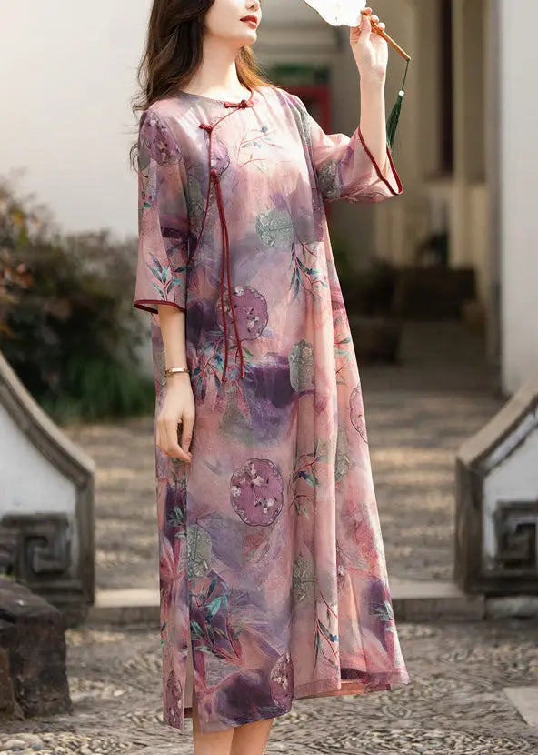 Elegant Purple Button Print Side Open Linen Dress Half Sleeve Ada Fashion