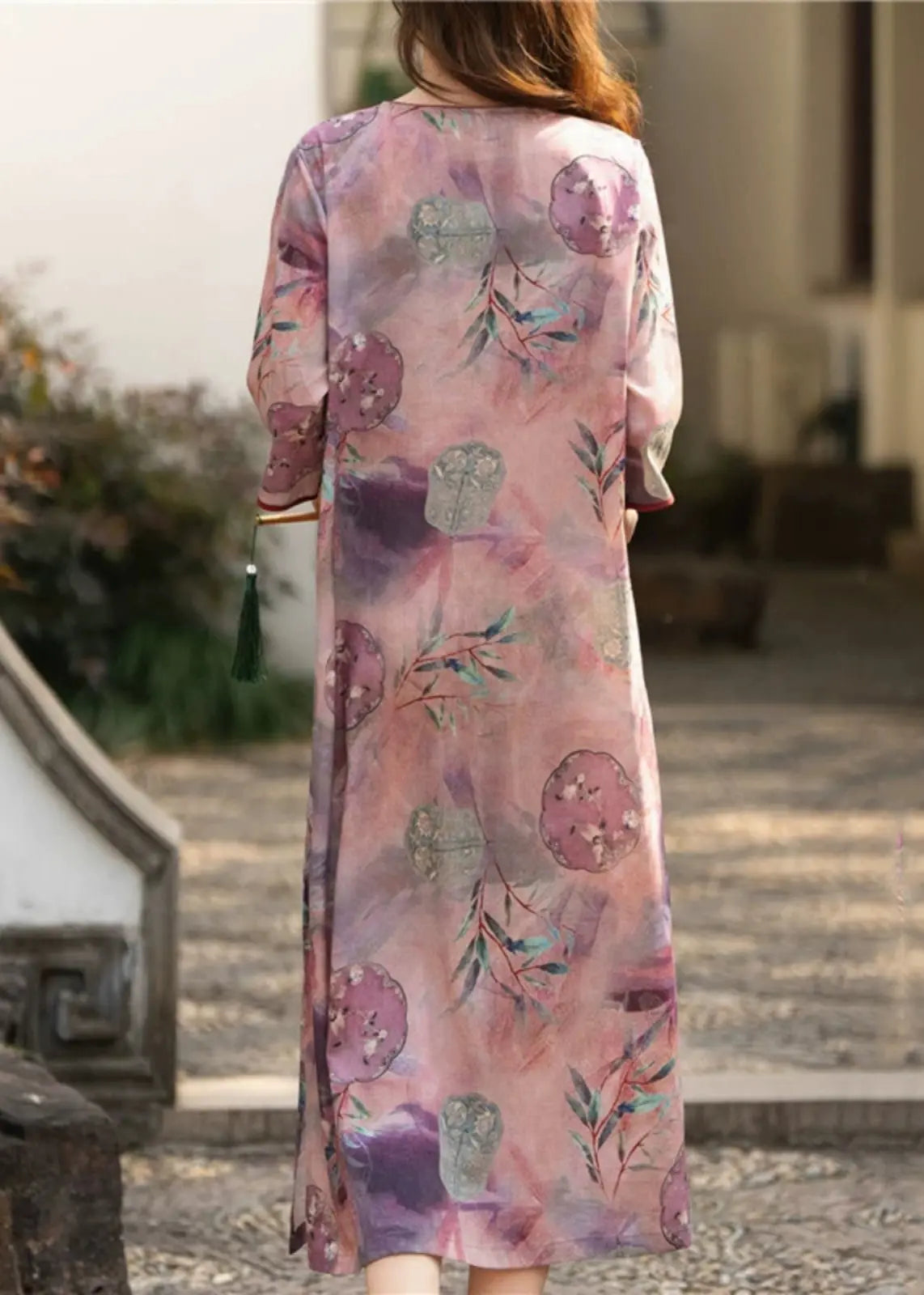 Elegant Purple Button Print Side Open Linen Dress Half Sleeve Ada Fashion