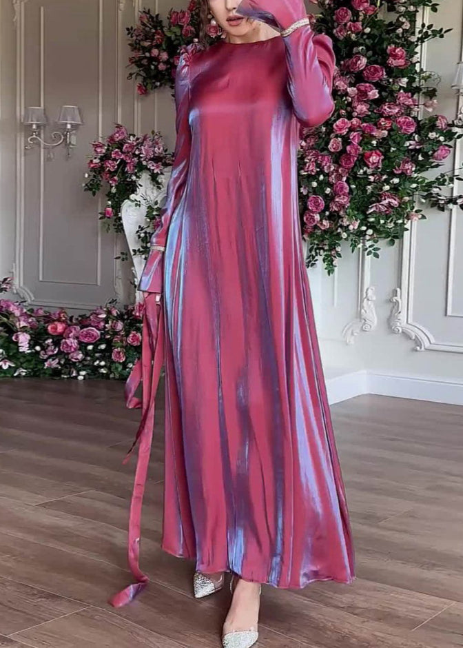 Elegant Purple O Neck Silk Maxi Dress Fall WO050