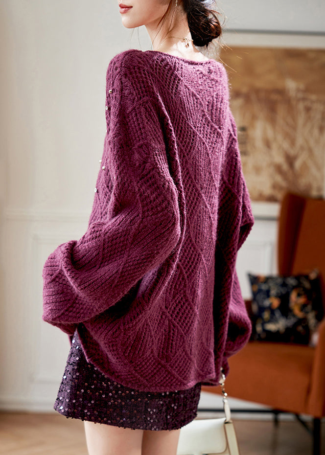 Elegant Purple O Neck Zircon Knit Sweaters Fall QS004