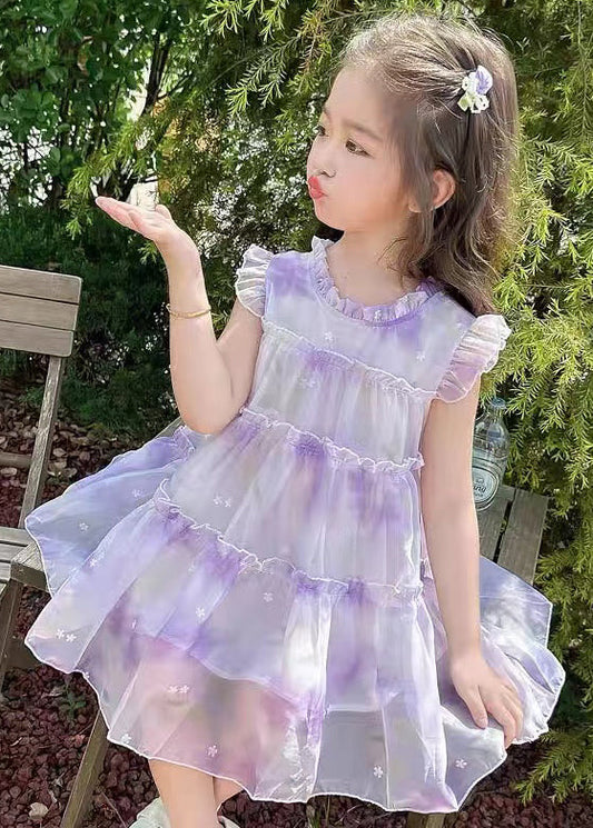 Elegant Purple Ruffled Print Chiffon Girls Dresses Summer TT045