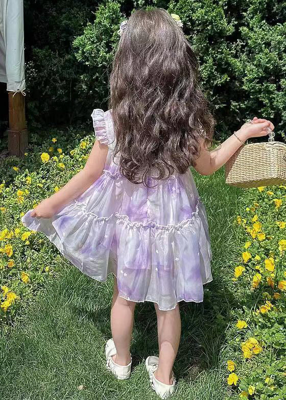 Robe élégante en mousseline de soie à volants violets pour filles, été TT045