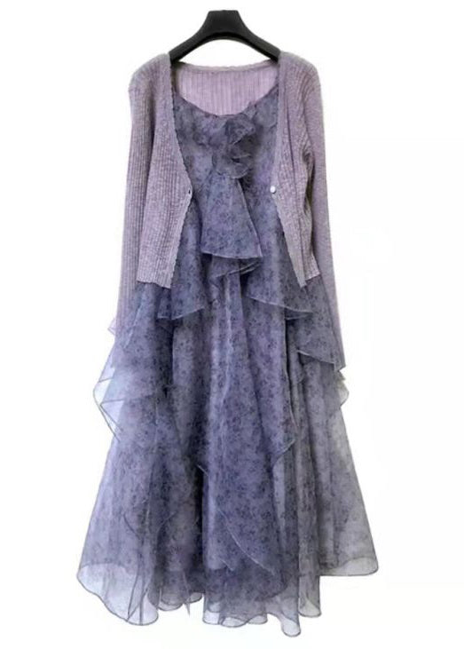 Elegant Purple Ruffled Print Chiffon Sets 2 Pieces Spring AA1053