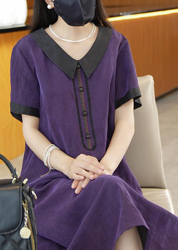 Elegant Purple Solid Patchwork Silk Long Dress Summer OP1077