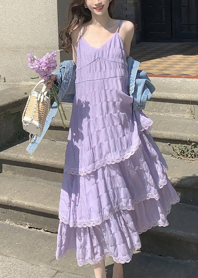 Purple Dress Strap Neck Spaghetti Elegant V Lace Cotton