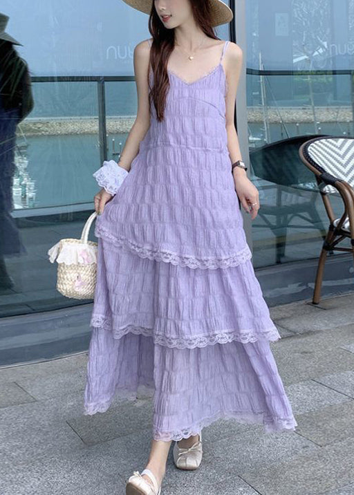 Purple Dress Strap Neck Spaghetti Elegant V Lace Cotton